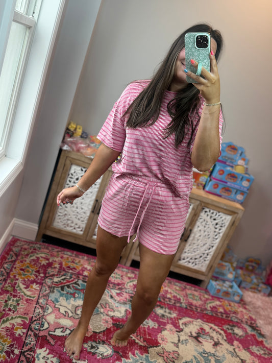 Stripe Ribbed Tee & Drawstring Short Set (S-XL): Pink