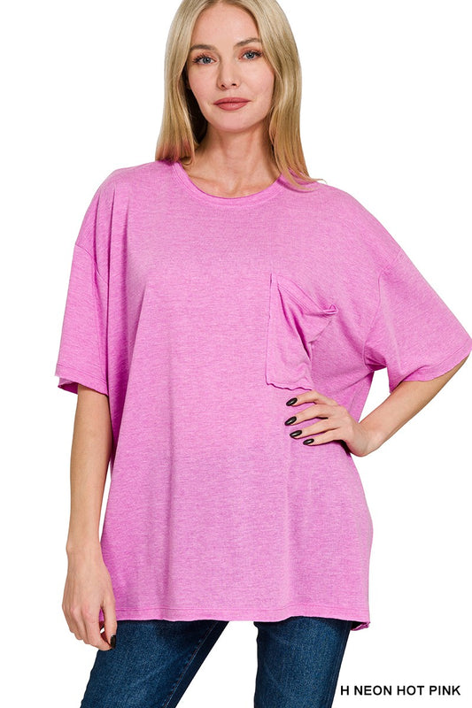 Ollie Oversized Boyfriend Pocket Tee - Heather Neon Hot Pink