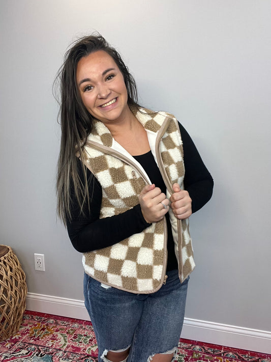 Cozy Up Checkered Vest - Tan & White