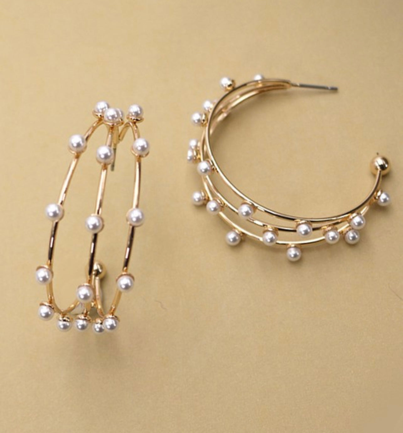 Triple Row Wire Pearl Hoop Earrings