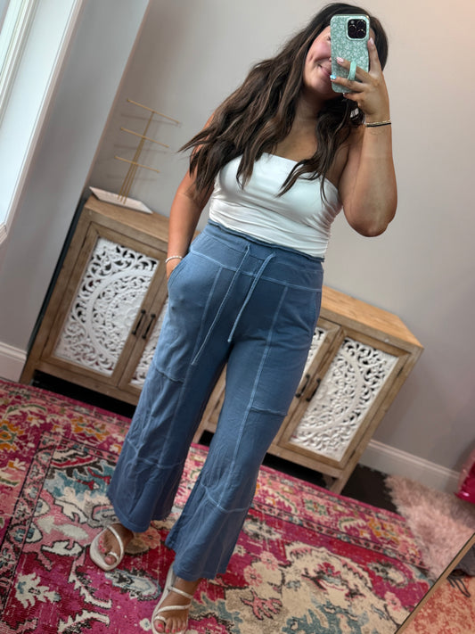 Ruffle Waist Cropped Sweatpants - Dusty Blue