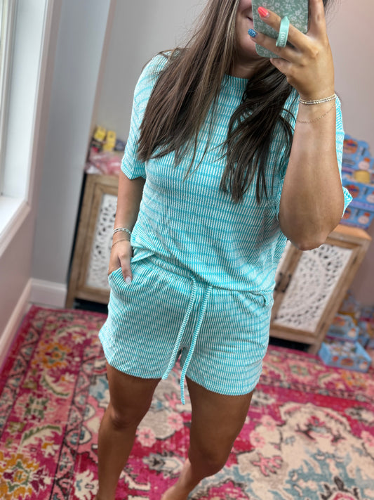 Stripe Ribbed Tee & Drawstring Short Set (S-XL): Blue
