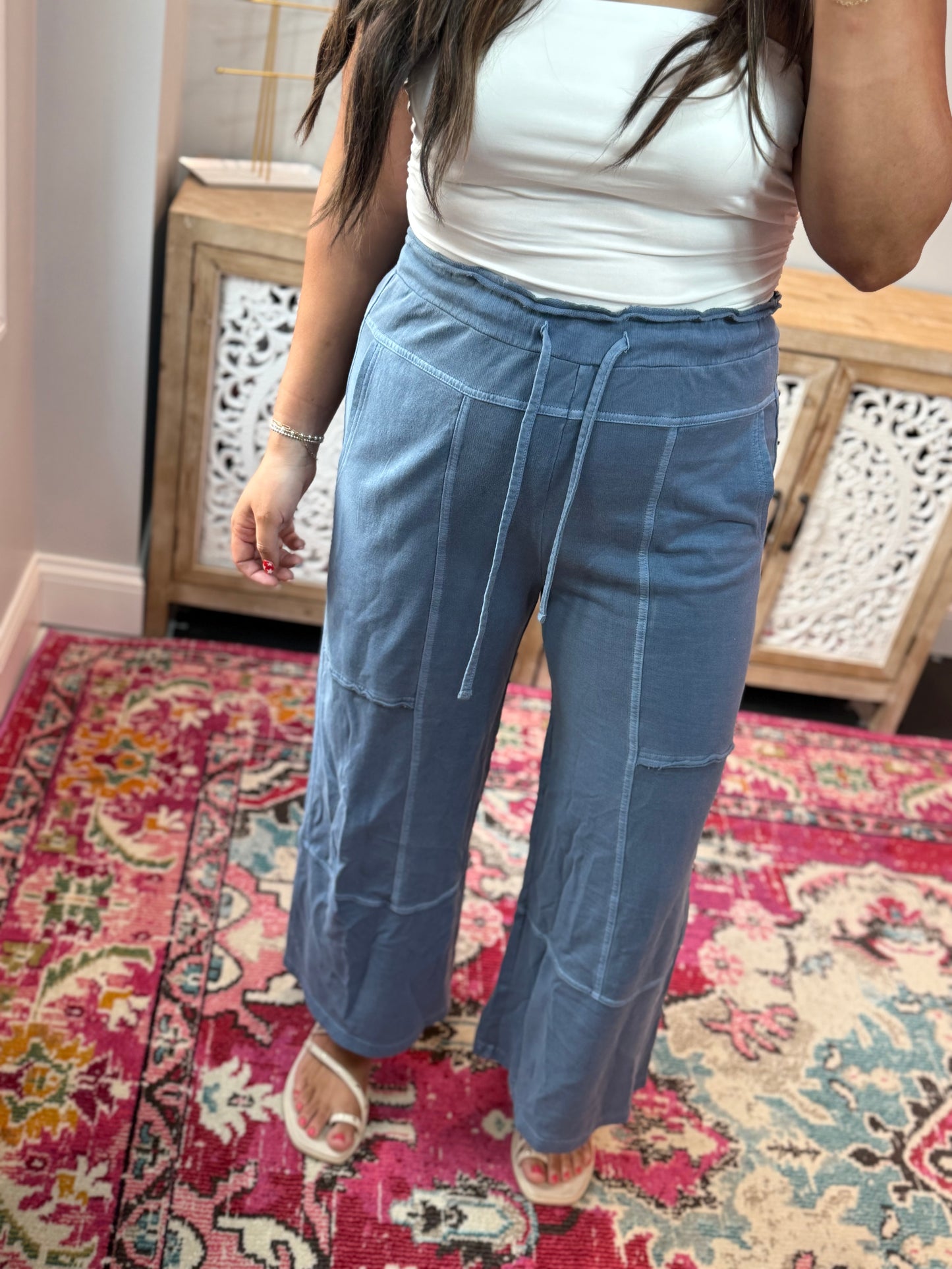 Ruffle Waist Cropped Sweatpants - Dusty Blue