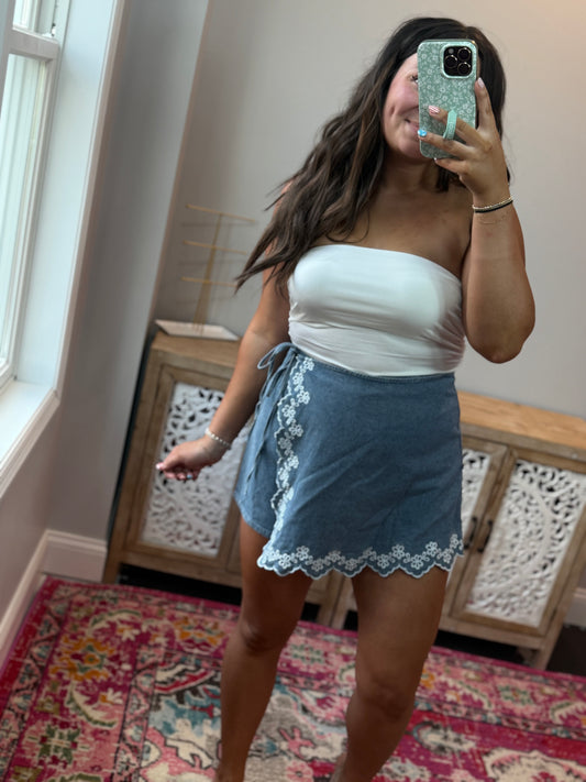 Embroidered Floral Denim Wrap Skort