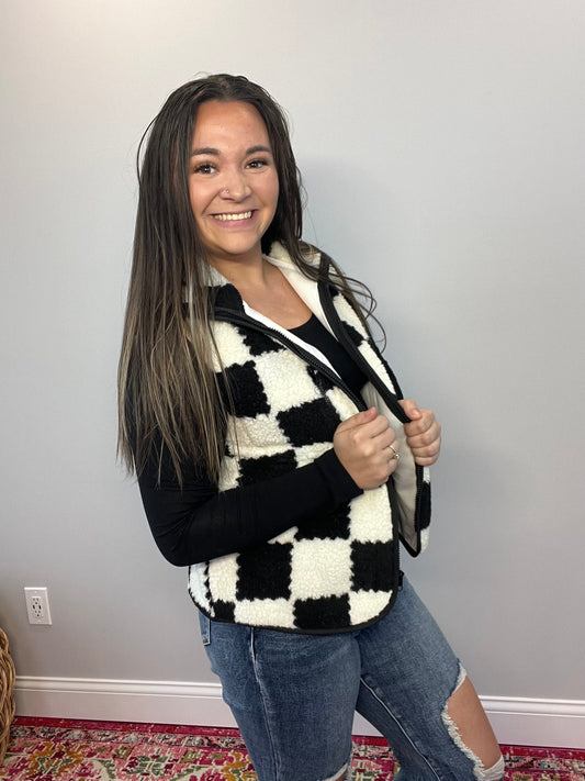 Cozy Up Checkered Vest - Black & White