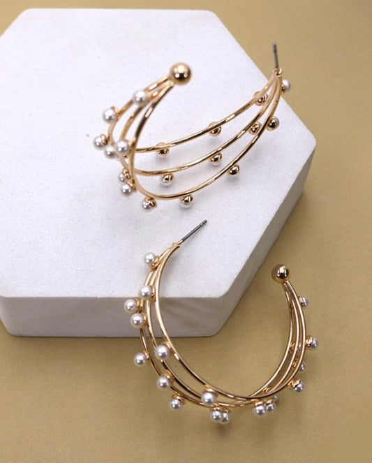 Triple Row Wire Pearl Hoop Earrings