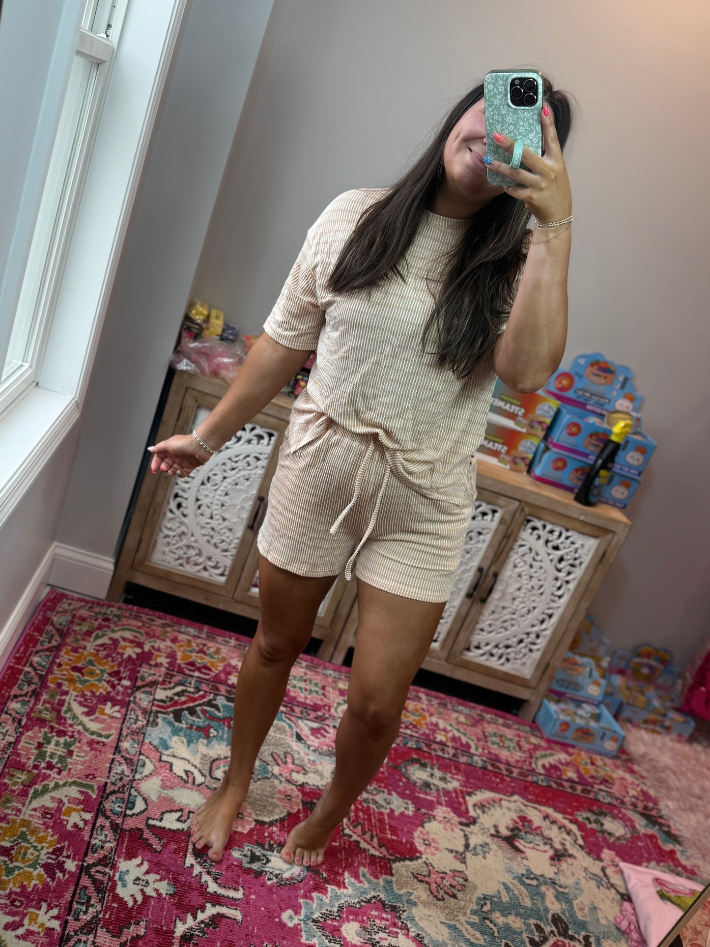 Stripe Ribbed Tee & Drawstring Short Set (S-XL): Khaki