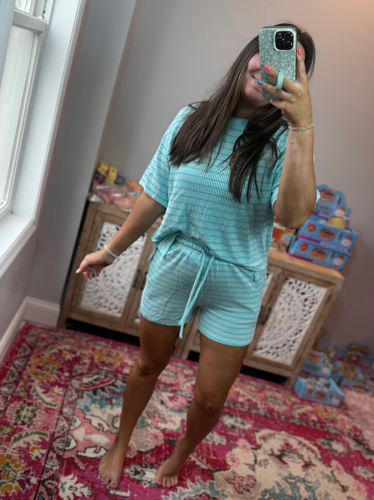 Stripe Ribbed Tee & Drawstring Short Set (S-XL): Blue