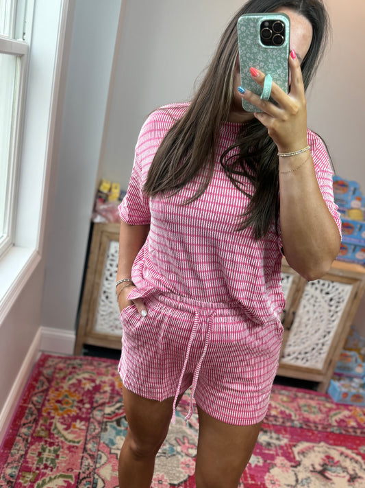 Stripe Ribbed Tee & Drawstring Short Set (S-XL): Pink