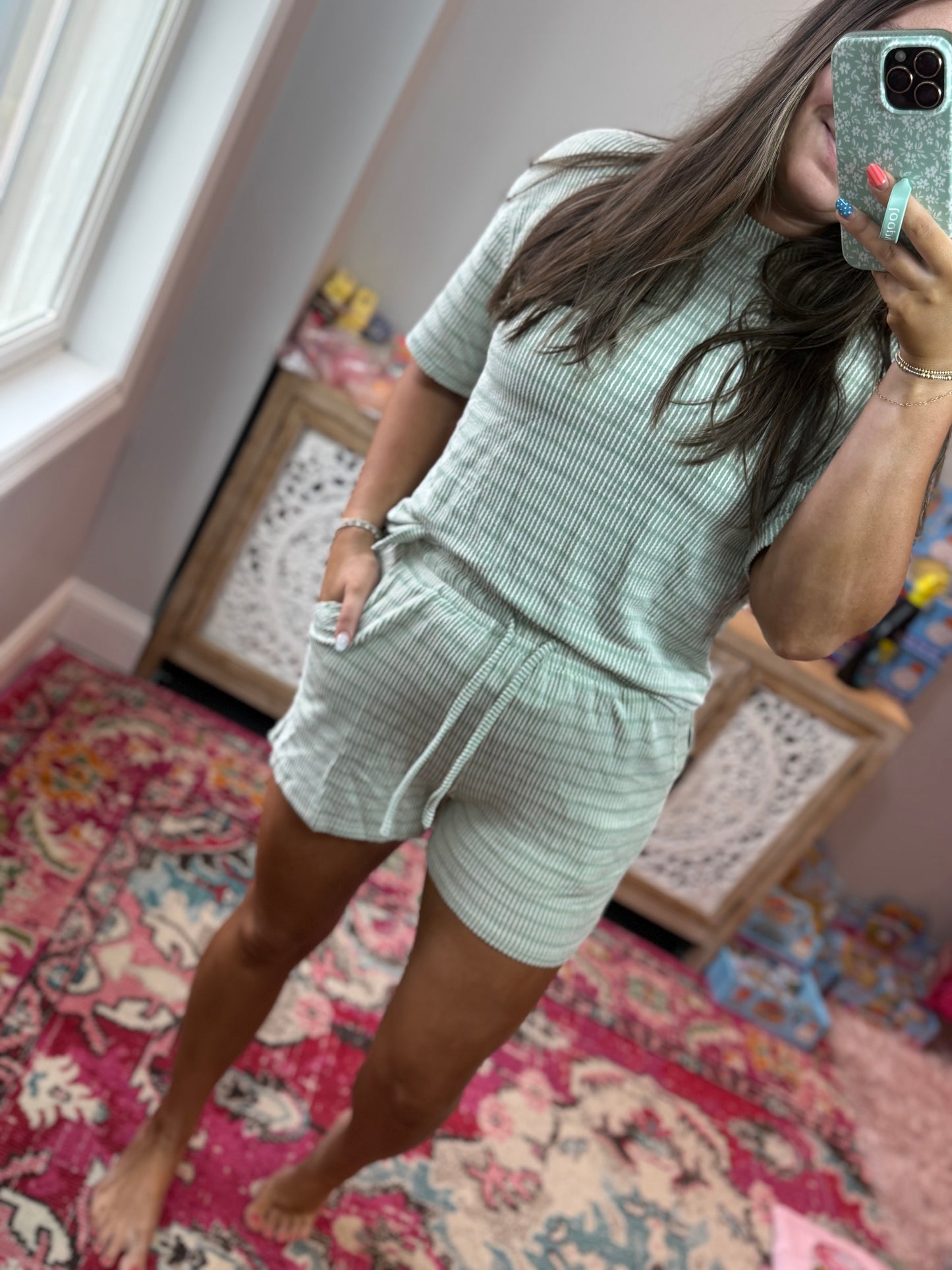 Stripe Ribbed Tee & Drawstring Short Set (S-XL): Green
