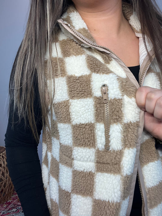 Cozy Up Checkered Vest - Tan & White