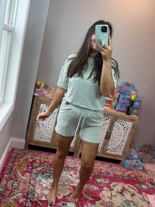 Stripe Ribbed Tee & Drawstring Short Set (S-XL): Green