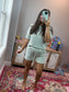 Stripe Ribbed Tee & Drawstring Short Set (S-XL): Green