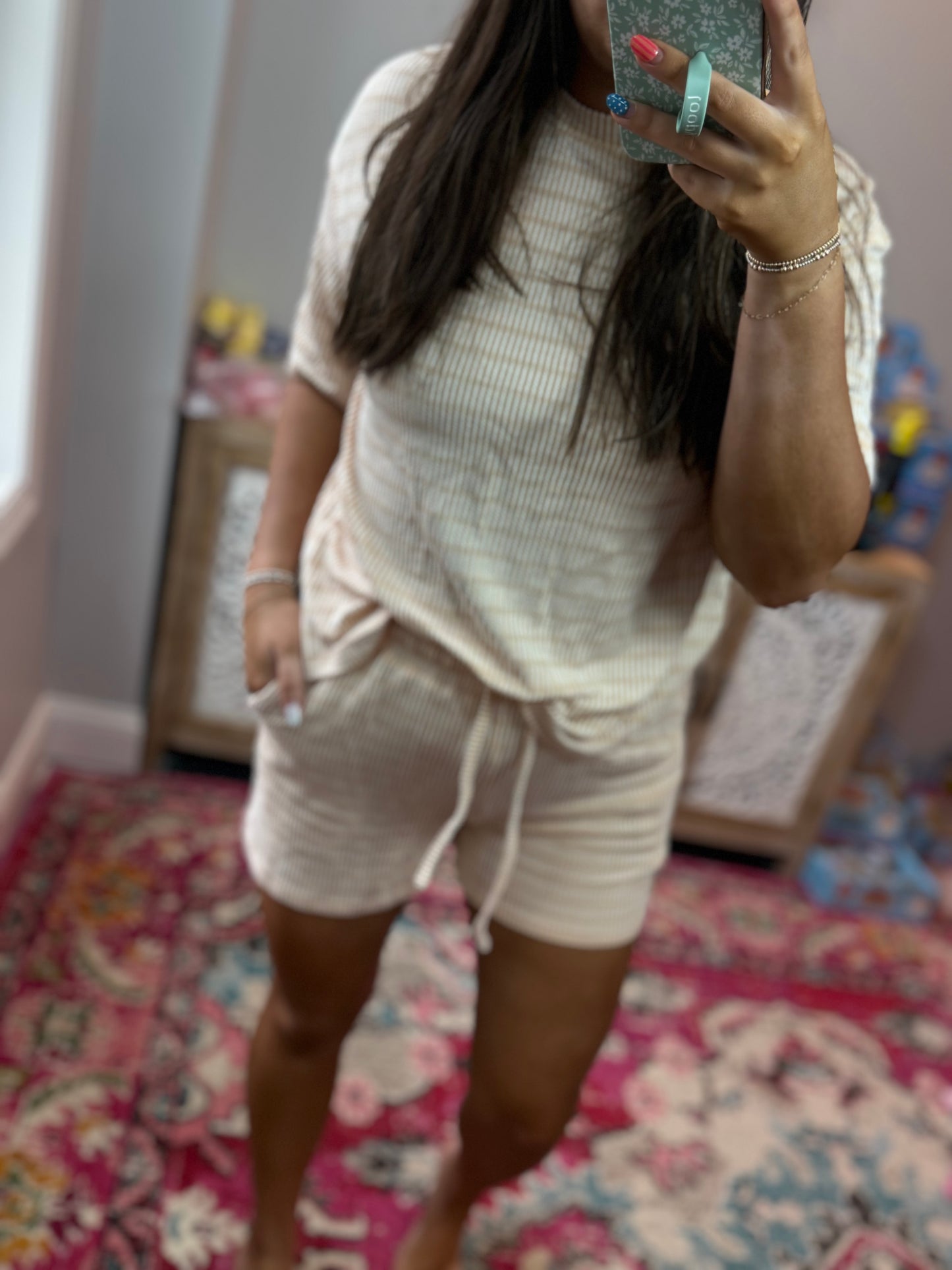 Stripe Ribbed Tee & Drawstring Short Set (S-XL): Khaki