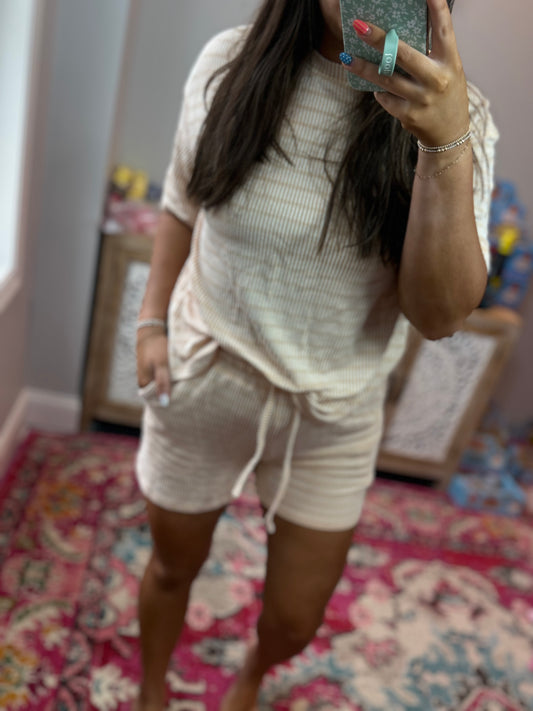 Stripe Ribbed Tee & Drawstring Short Set (S-XL): Khaki