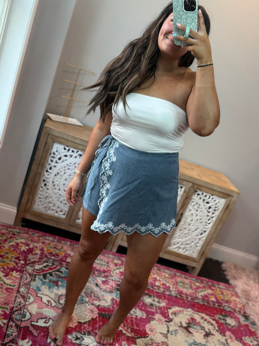 Embroidered Floral Denim Wrap Skort