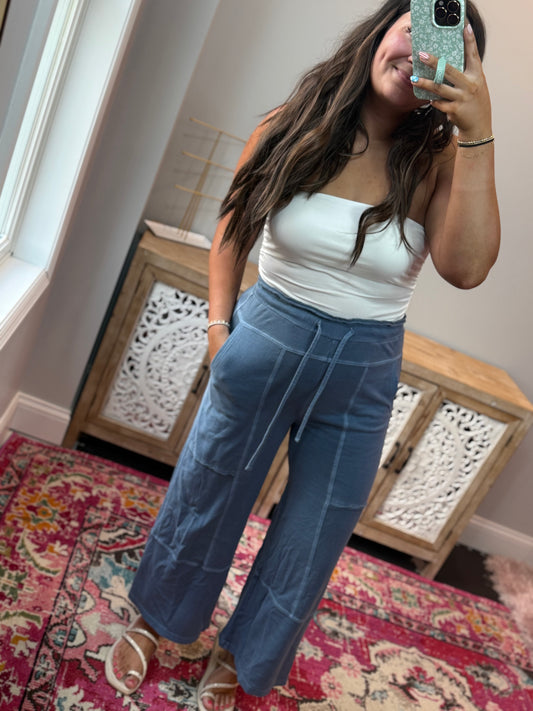 Ruffle Waist Cropped Sweatpants - Dusty Blue