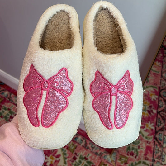 Embroidered Glitter Bow Slippers