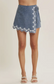 Embroidered Floral Denim Wrap Skort
